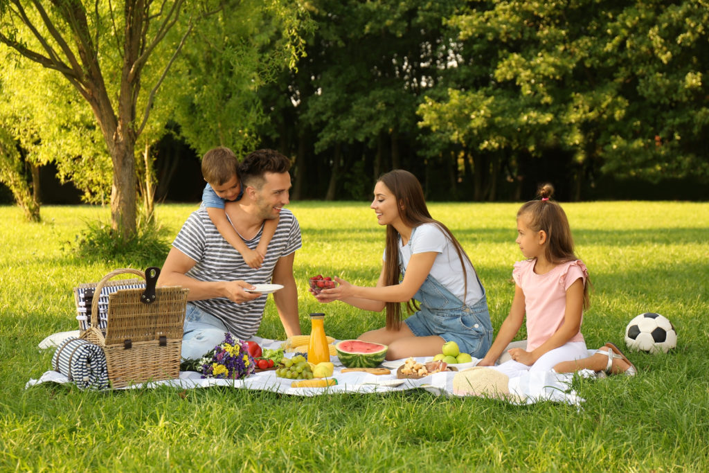 family sitting the grass enjoying a picnic.
