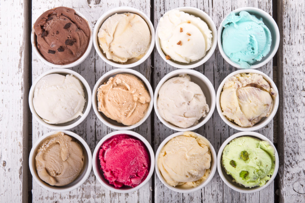 different ice creams in individual bowls